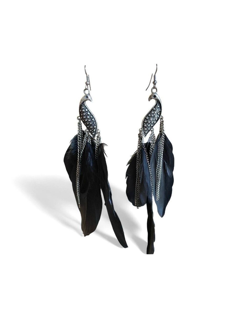 Pamela Silver and Black Feather Peacock Earrings with Chains Gothic